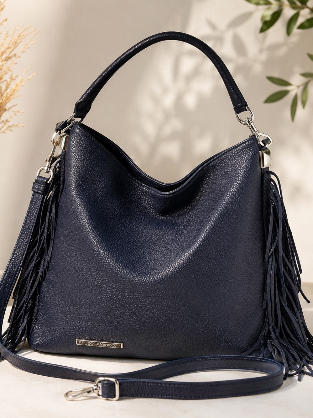 Rebecca Minkoff Navy Blue Genuine Leather Fringe Hobo Crossbody Bag Boho